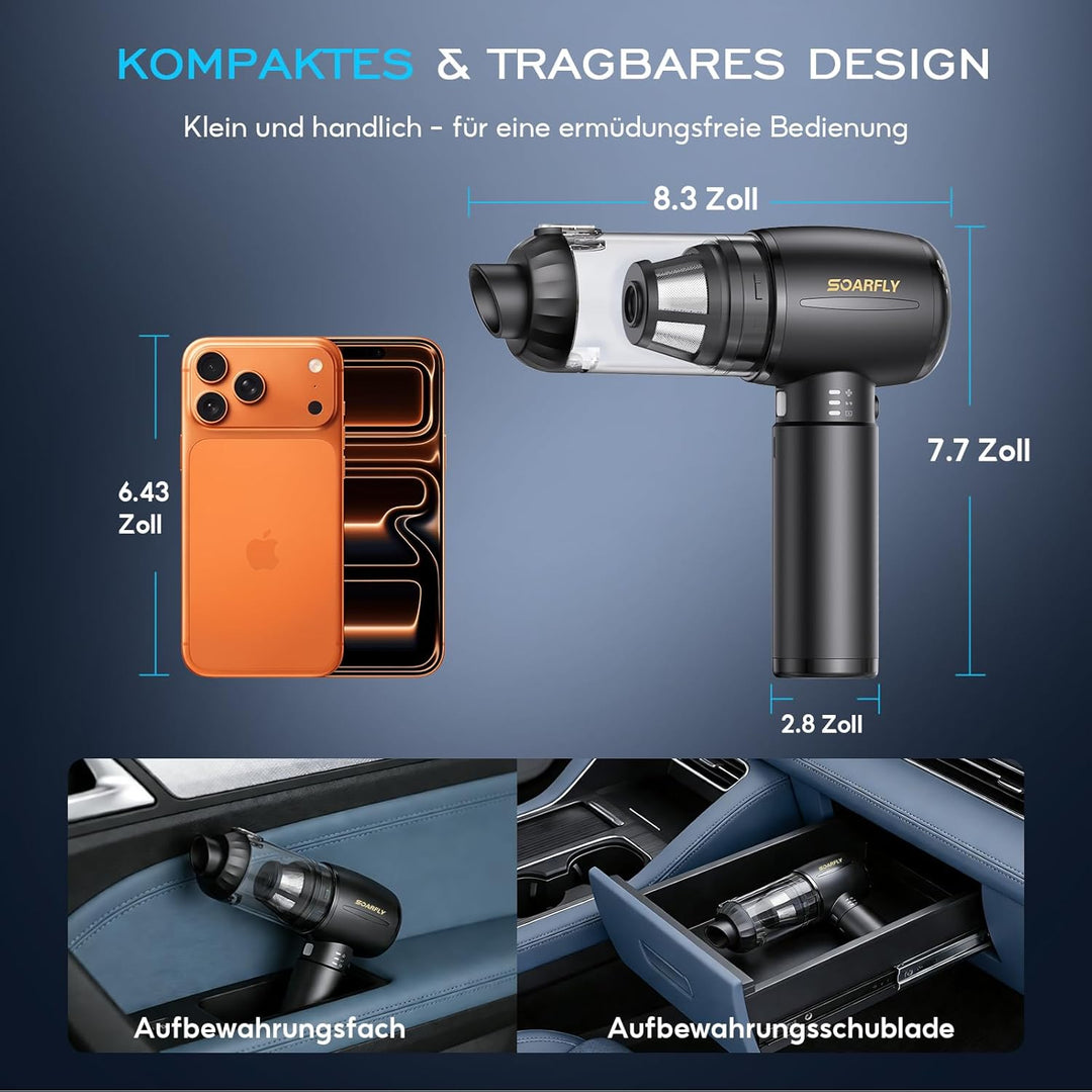 Handstaubsauger Akku, 25000Pa 4 in 1 Auto Mini Staubsauger Kabellos Stark mit LED Licht, 2-Gang Elek