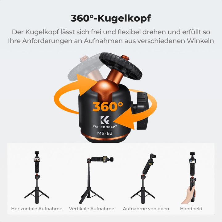 K&F CONCEPT MS-62 65cm Selfie Stick, leicht tragbares Kamera Handy Stativ mit 1/4"-Schraubschnittste