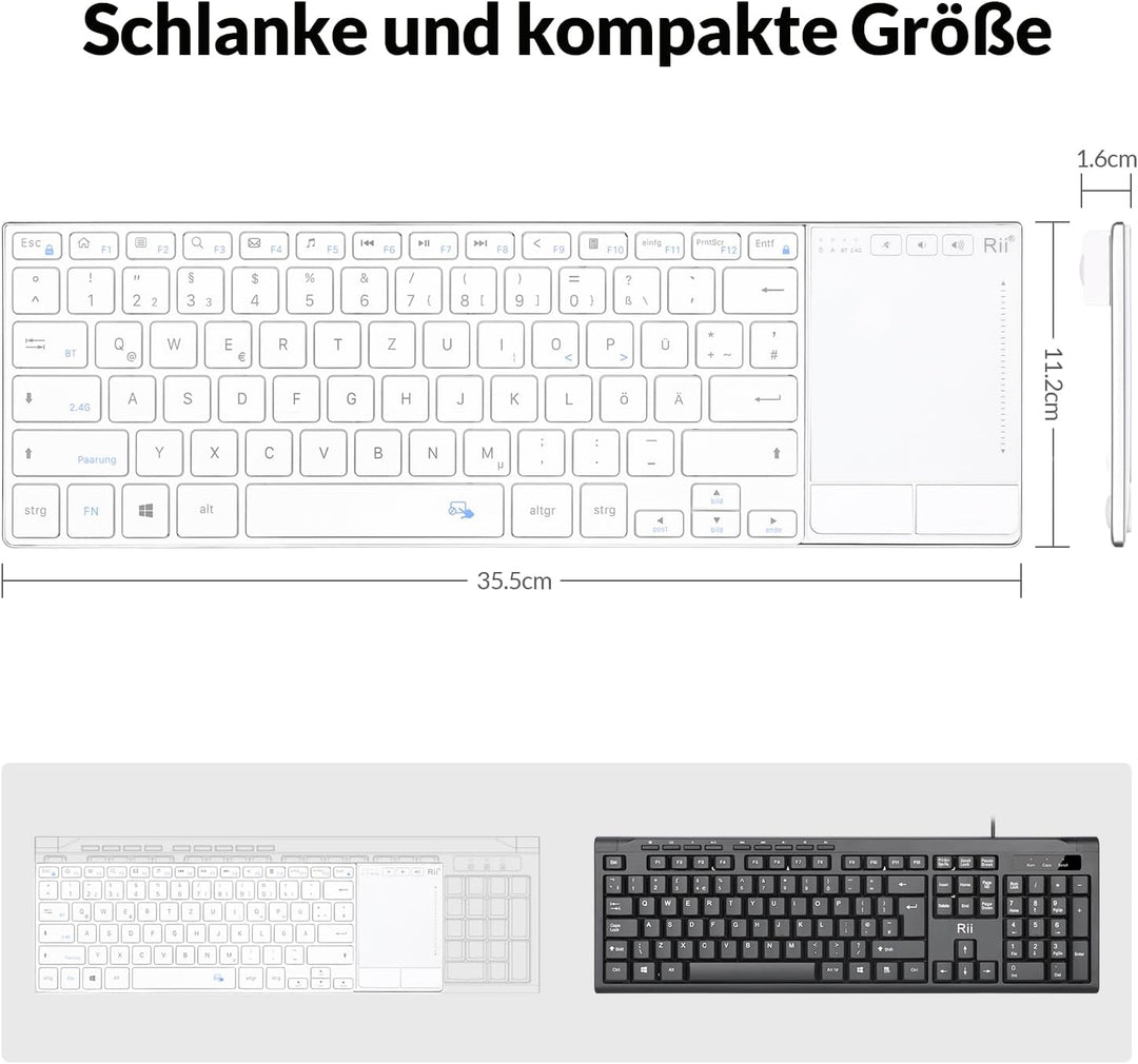 Rii Kabellose Tastatur mit Touchpad, Zwei Verbindungsmodi, Wireless Keyboard, Tastatur Kabellos Klei