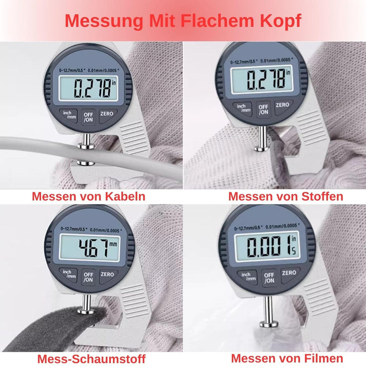 Dickenmessgerät, Digital Thickness Gauge Flat Measure Head Precise LCD Display Readout Percentage El