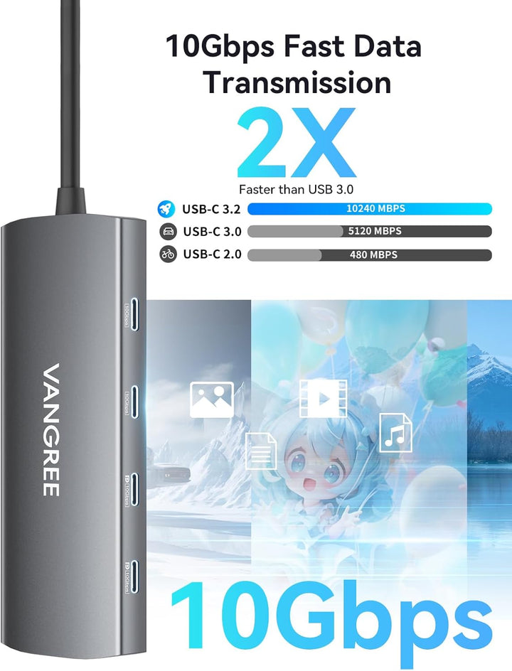 USB-C-Hub mit Dual 4K@60Hz DisplayPorts, 2× USB-A & 2× USB-C 3.2 (10Gbps), Gigabit-Ethernet, 100W PD