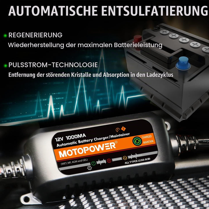 MOTOPOWER MP00205B 12 V 1000 mA Ladegerät/Batterieerhaltung, vollautomatisch, Schwarz b) - 12V 1000m