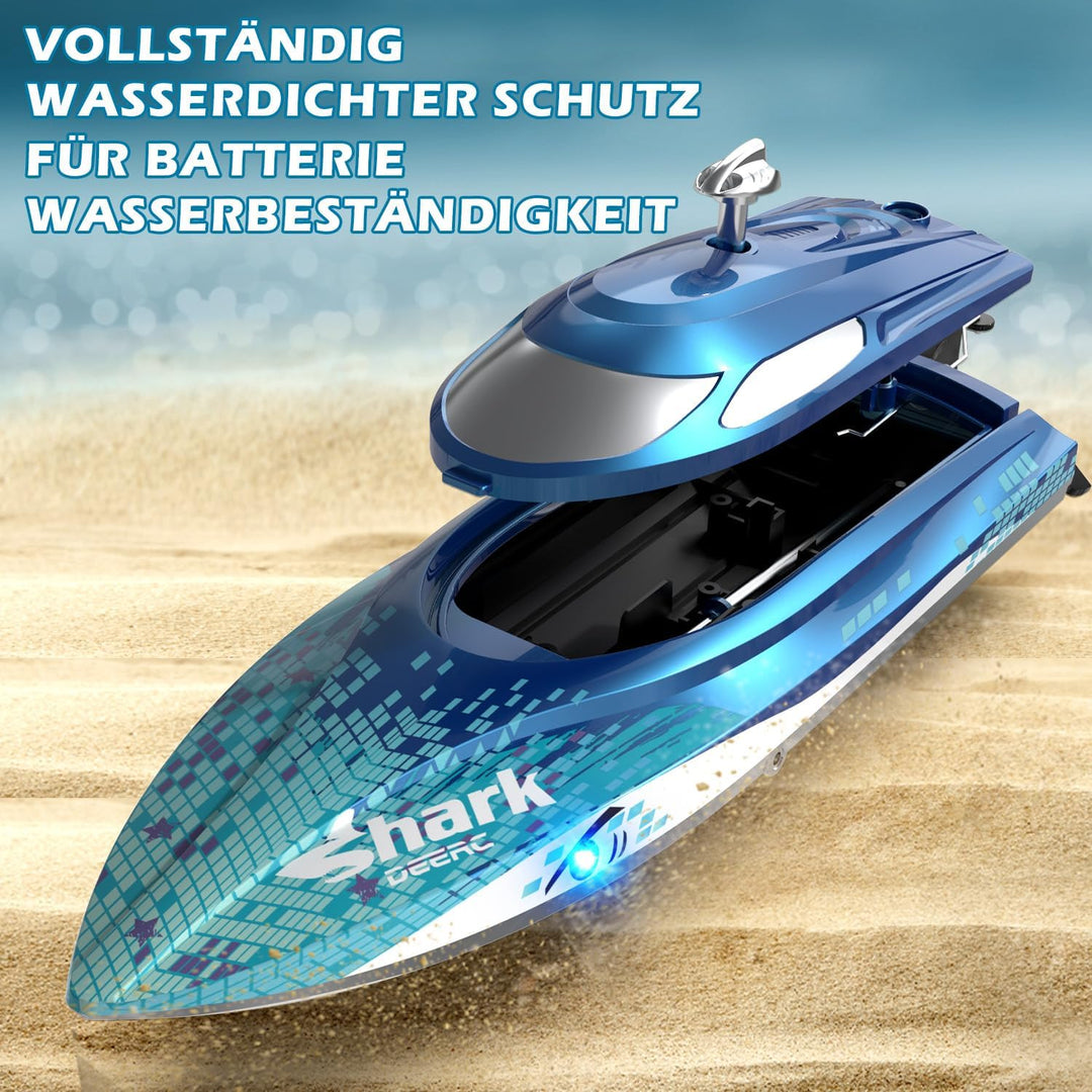 DEERC RC Boot mit LED-Licht,ferngesteuertes Haiboot für Pools und Seen, 20+ km/h RC-Boot, 2,4-GHz-Re