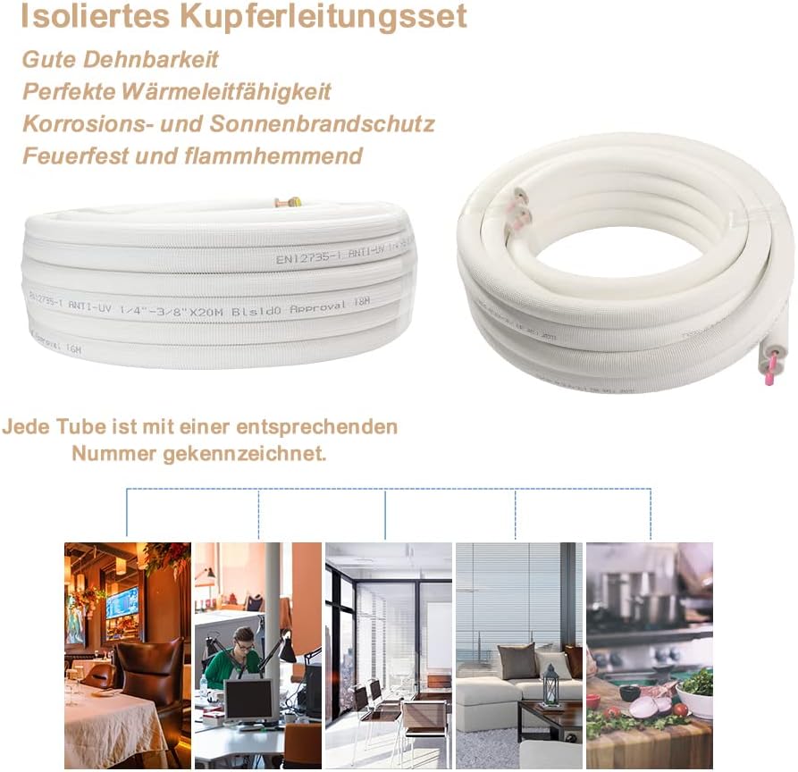 2x 5m 1/4"+3/8" Zoll Kupferleitungen Kältemittelleitungen Isoliert Kupferrohr für 9000/12000 BTU Mon