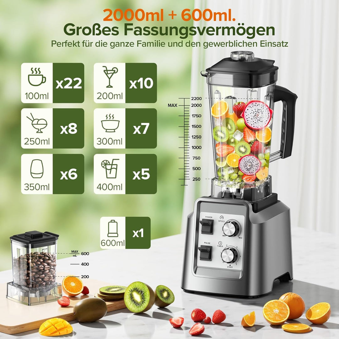 Teendow Standmixer, 1800W Smoothie Maker, Tischmixer mit 2,0-Liter-Behälter+ 600-ml-Kaffeemühle, Gee