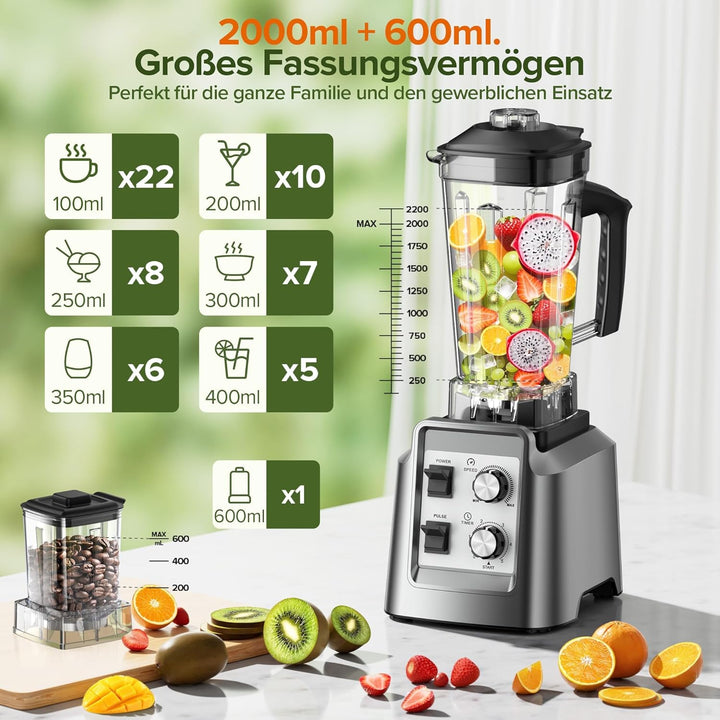 Teendow Standmixer, 1800W Smoothie Maker, Tischmixer mit 2,0-Liter-Behälter+ 600-ml-Kaffeemühle, Gee