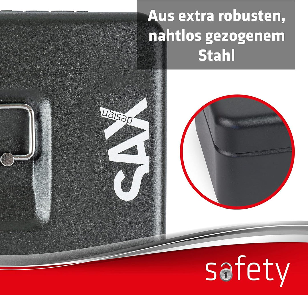 SAX Geldkassette mit Zahlenschloss, extra Starkes Schloss, 25 x 18 x 9cm, Large, Schwarz Safety Cash