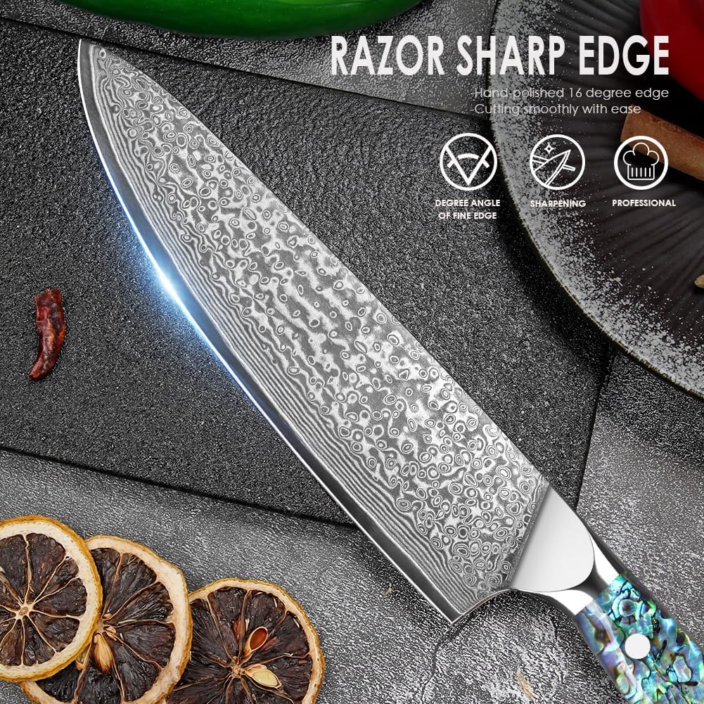 Home Safety Damastmesser Kochmesser mit extrem Scharf 20cm Klinge aus 67 Lagen VG-10 Damaststahl Küc