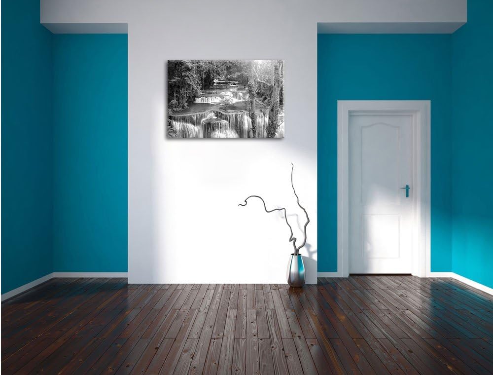 Pixxprint Wasserfall im Regenwald / 100x70cm Leinwandbild bespannt auf Holzrahmen/Wandbild Kunstdruc