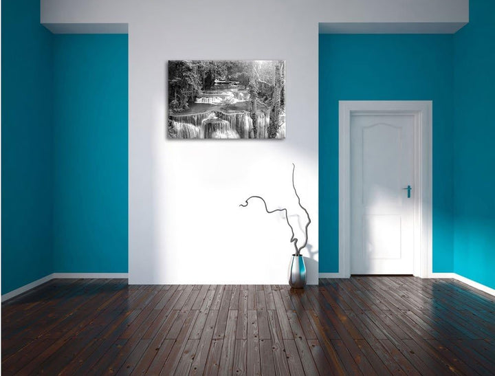 Pixxprint Wasserfall im Regenwald / 100x70cm Leinwandbild bespannt auf Holzrahmen/Wandbild Kunstdruc