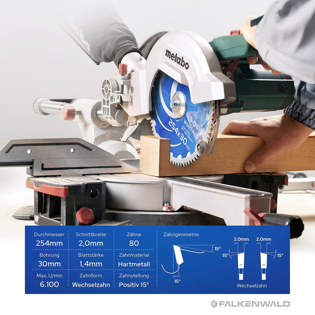 FALKENWALD® Akku Sägeblatt 254x30 Ideal für Holz - Kompatibel mit Bosch PTS 10, Bosch Sägeblatt 254x