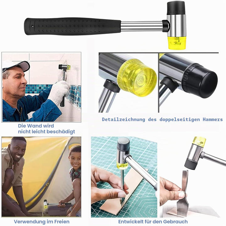 2 Stk Doppelkopf Gummihammer, Doppelkopfhammer 25/40mm mit Rutschfest Gummigriff & 8 Ersatz-Hammerkö