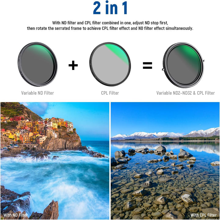 NEEWER 2 in 1 62mm Variable ND Filter ND2-ND32&CPL (Zirkular Polfilter) No X Cross Variabel Graufilt