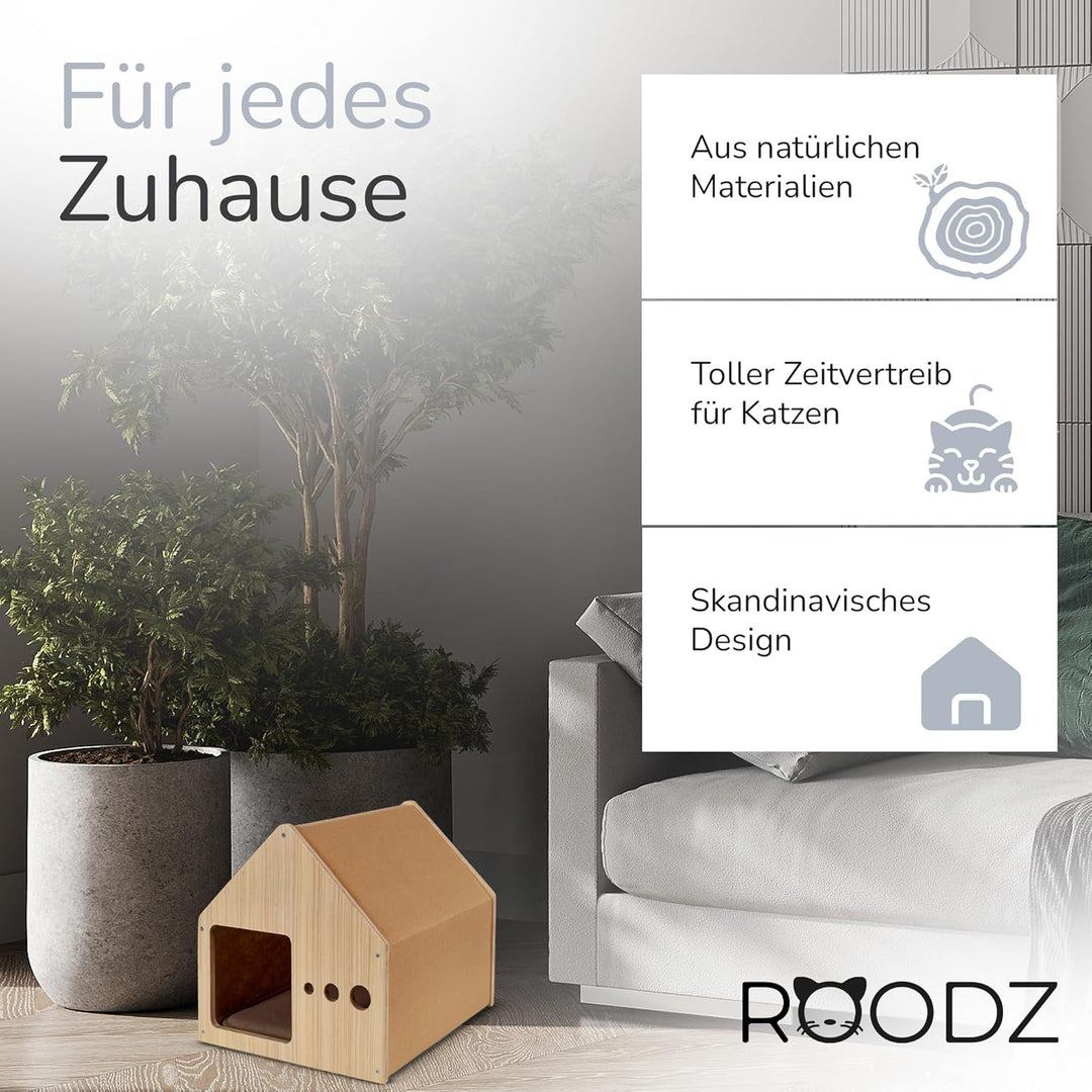 ROODZ 2-in-1 Kratz- & Loungehöhle für Katzen – Echtholz & Kratzvlies – Gemütliche Katzenhöhle Beige,