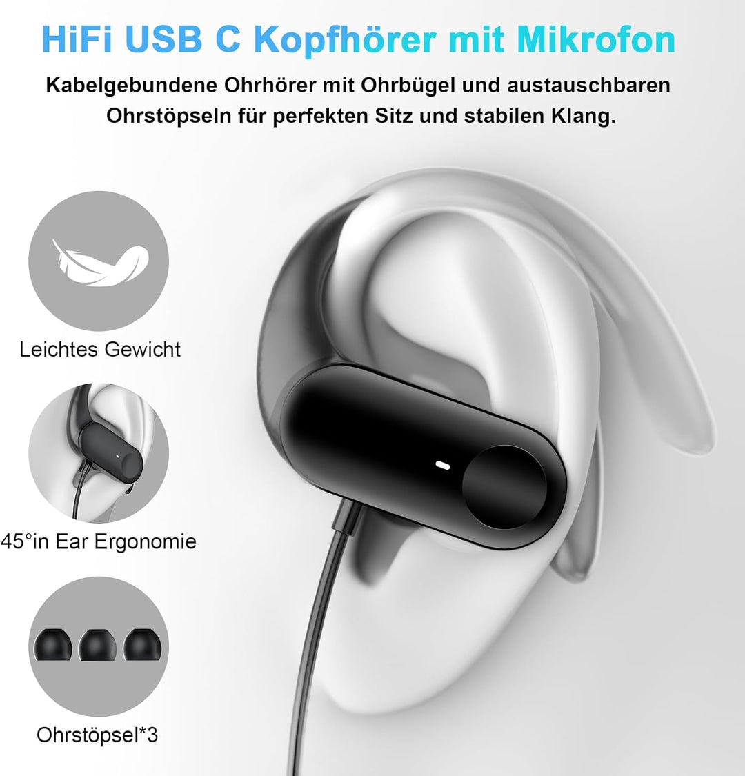 USB C In Ear Kopfhörer mit Ohrbügel, Mikrofon & Kabelfernbedienung | Kopfhörer mit Kabel für Samsung