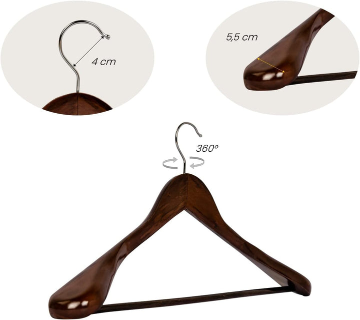 10 x Kleiderbügel Holz Braun | Anzugbügel | Sakkobügel | Jackenbügel | 44,5 cm | 360° drehbarer Hake