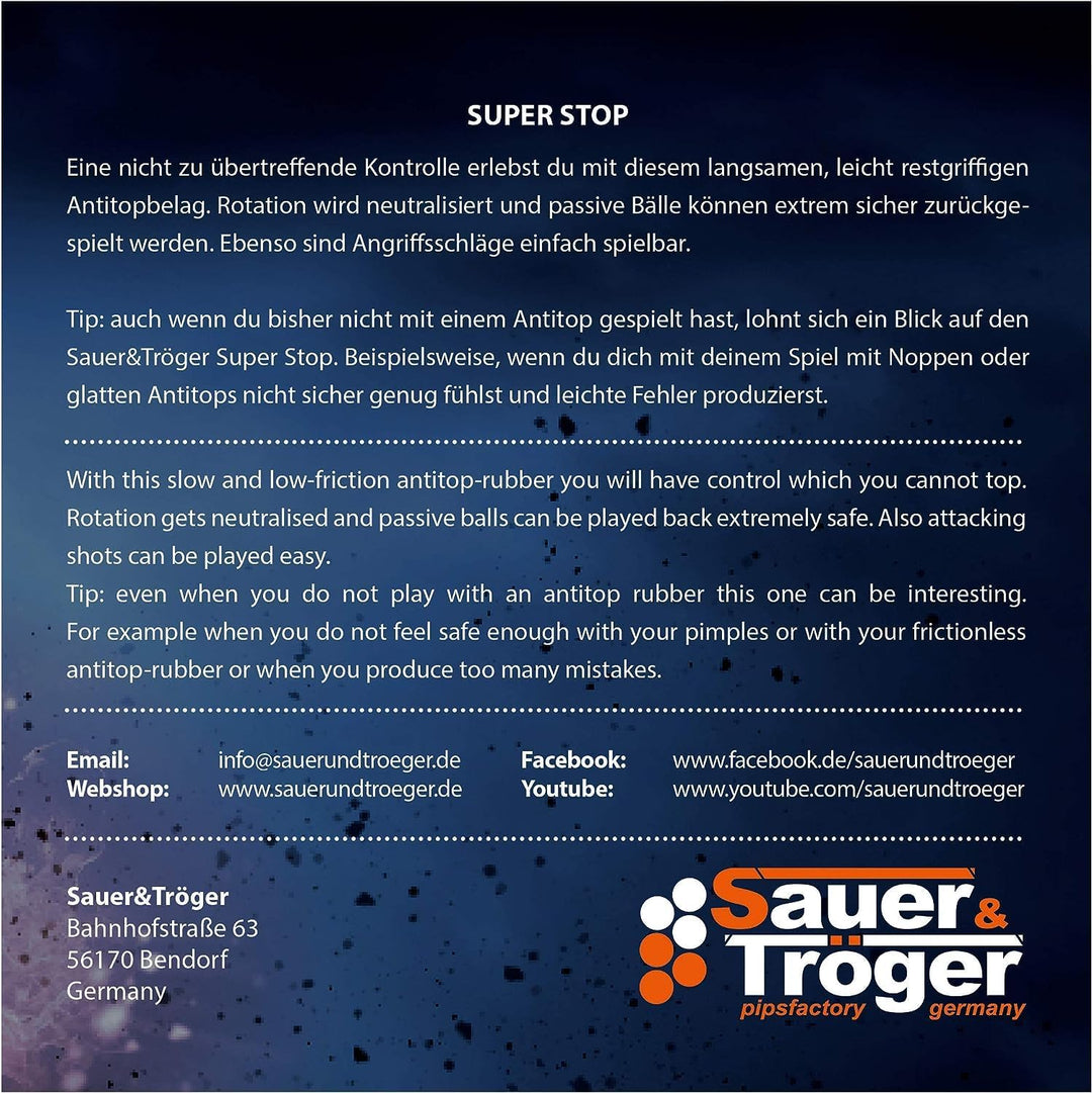 Sauer & Tröger Tischtennis Belag Anti Top | Super Stop | Rot, Schwarz | 1,5 mm 1,9 mm Schwarz 1,9 mm