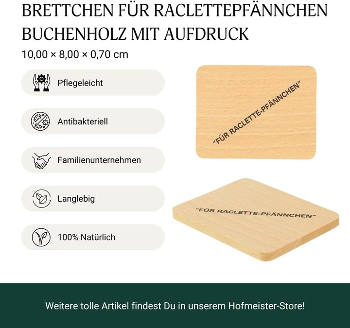 8X HOFMEISTER® Raclette Untersetzer Holz - für Pfännchen aus Holz, mit Aufdruck, schont Raclette-Pfä