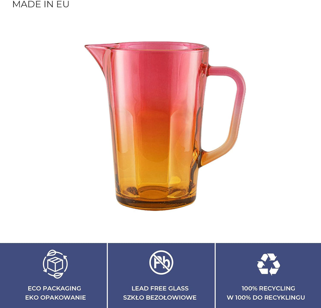 TREND FOR HOME Wasserkaraffe Glas 1 Liter mit Handlichem Griff Bunt Wasserkrug 19 cm Glaskanne Orang