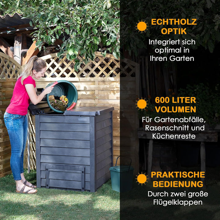 Thermo Wood Komposter 600 L, Komposter Garten aus Kunststoff anthrazit-braun, Thermokomposter, Compo
