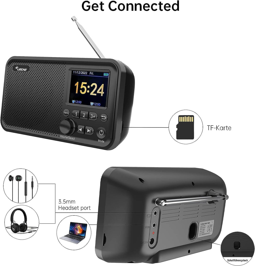 LEICKE tragbares DAB+ Radio mit Bluetooth 5.0 | DAB/DAB+ und UKW Radio, 2,4" Farbdisplay, 80 Voreins