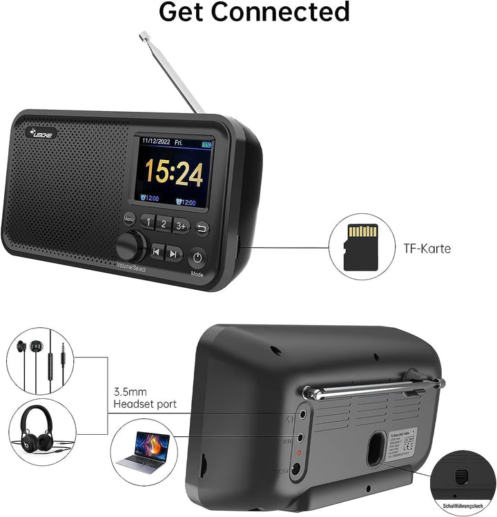 LEICKE tragbares DAB+ Radio mit Bluetooth 5.0 | DAB/DAB+ und UKW Radio, 2,4" Farbdisplay, 80 Voreins