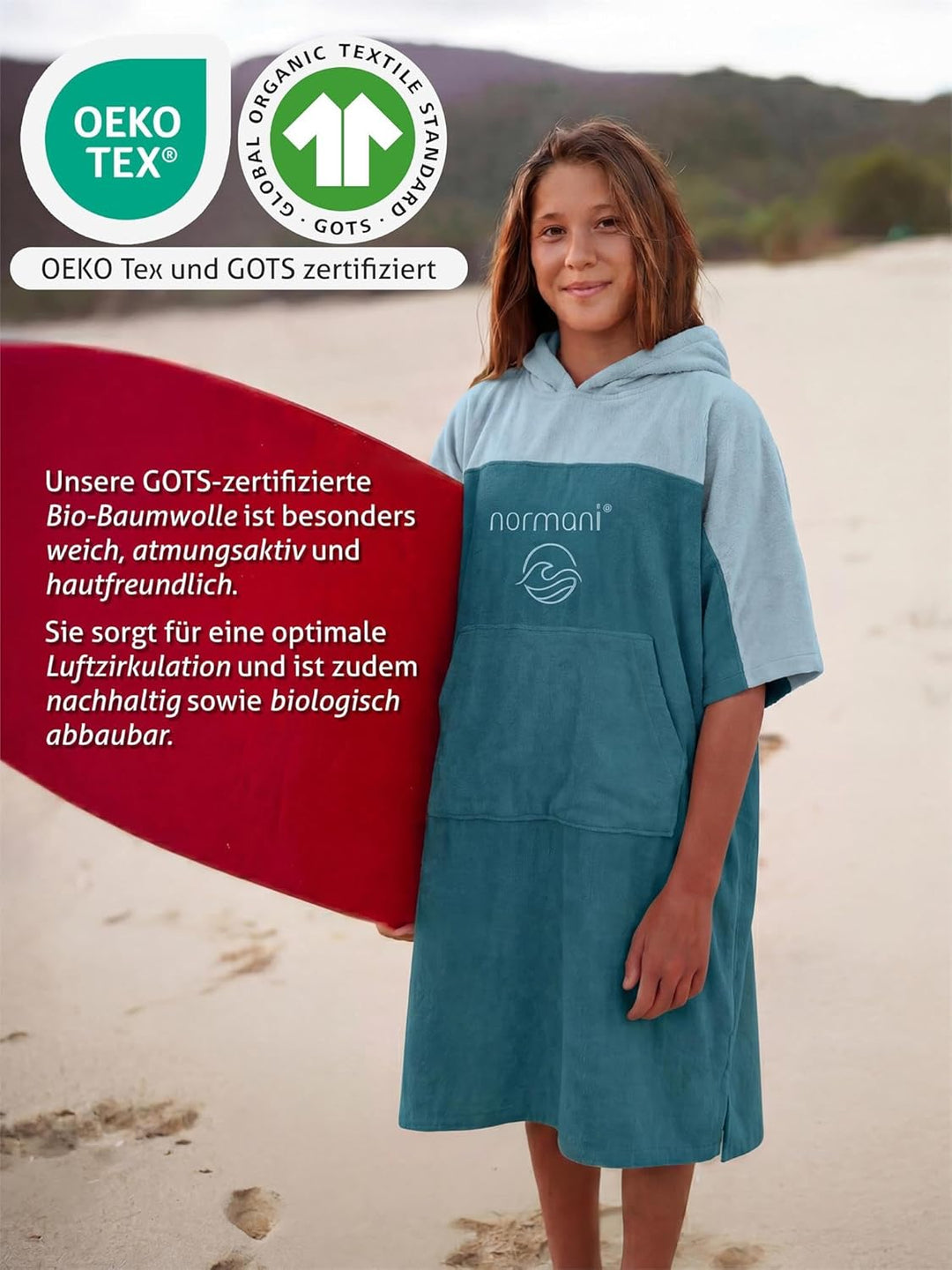 normani Teenager Frottee Badeponcho aus Bio-Baumwolle für Jungen und Mädchen - Strandponcho Surfer P