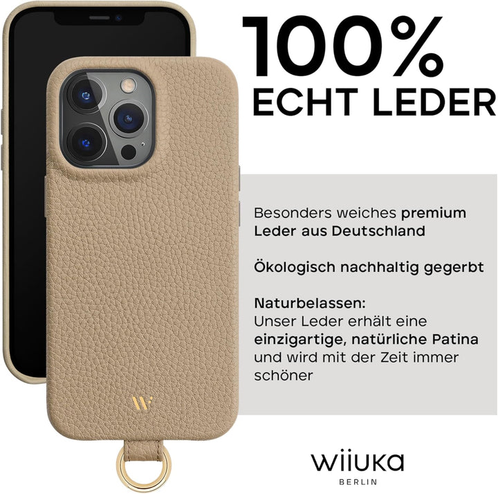 WIIUKA Hülle für iPhone 15 Pro Max, Leder aus Deutschland, Lederhülle Handykette, Premium Handyhülle