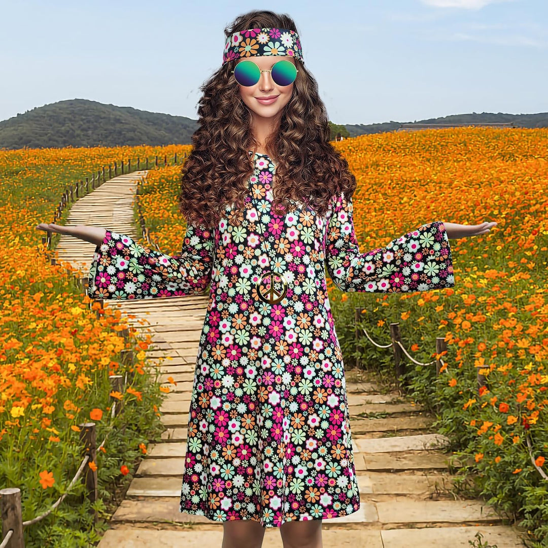 Damen-Hippie-Kleid, 1970er-Kostüm, mit Halskette, Ohrringen, Sonnenbrille, Disco-Outfit, 1960er-Part