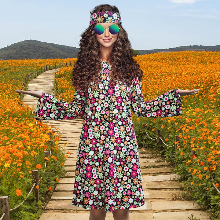 Damen-Hippie-Kleid, 1970er-Kostüm, mit Halskette, Ohrringen, Sonnenbrille, Disco-Outfit, 1960er-Part