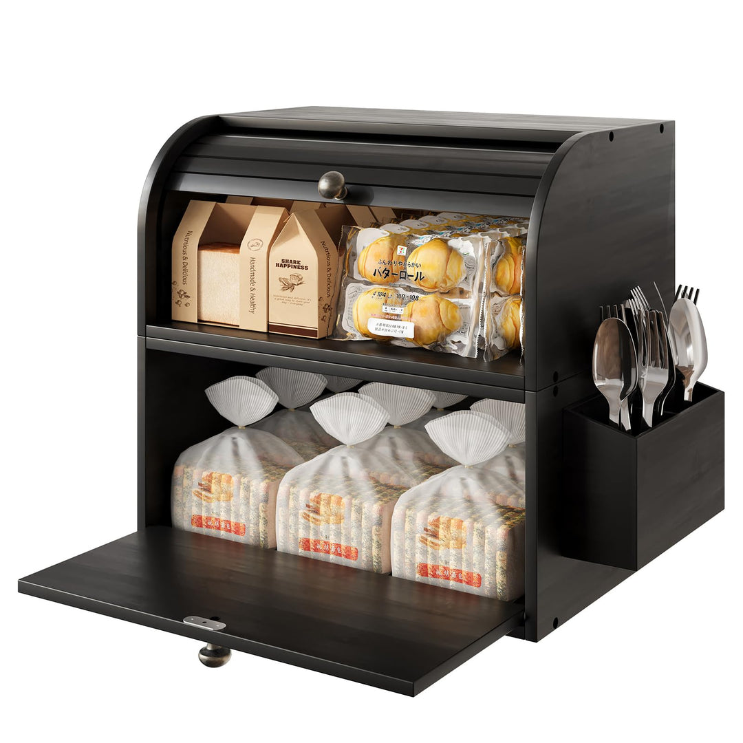 TQVAI Brotkasten Holz, Bambus Brotbehälter mit 2 Etagen Brotaufbewahrung, Bread Box mit Rolldeckel m