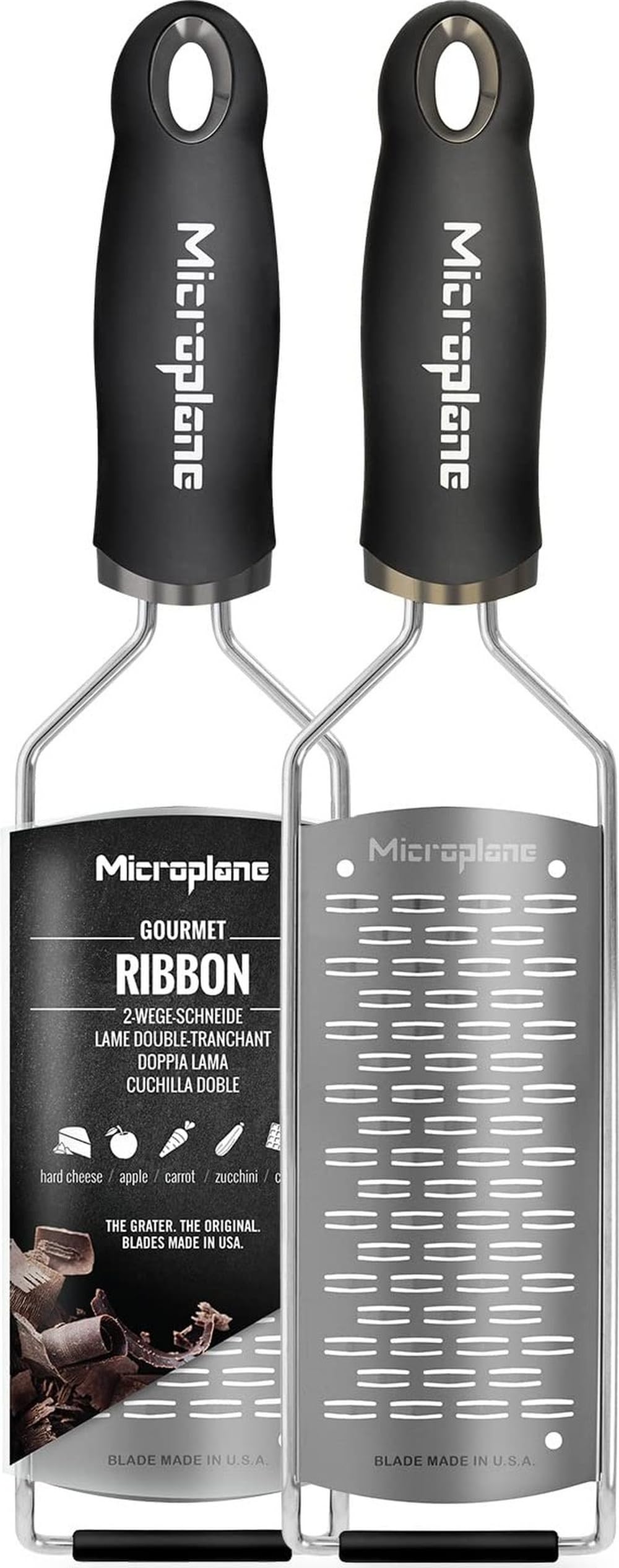 Microplane 2-Wege-Schneide Reibe Edelstahl Schwarz aus der Gourmet Serie für Hartkäse, Apfel, Karott