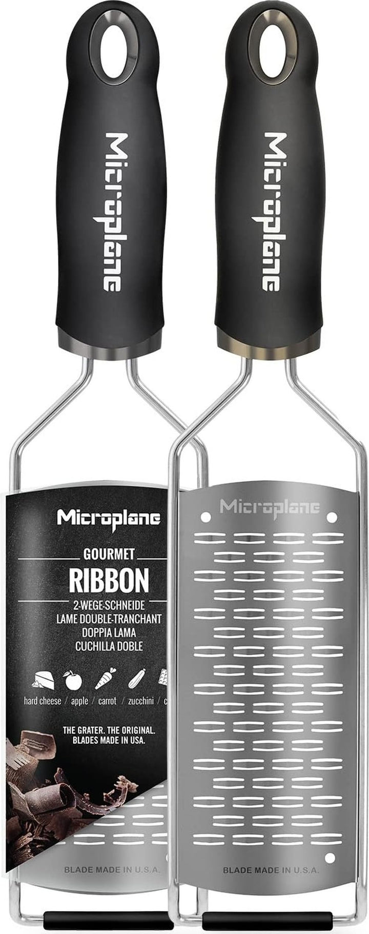 Microplane 2-Wege-Schneide Reibe Edelstahl Schwarz aus der Gourmet Serie für Hartkäse, Apfel, Karott