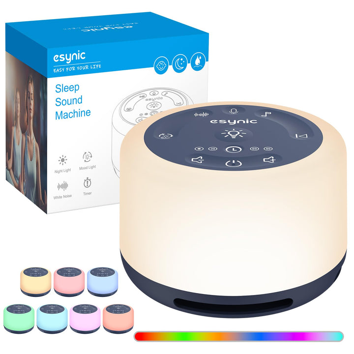 eSynic White Noise Machine Baby Weisses Rauschen Einschlafhilfe LED Stilllicht mit 30 Klänge & 7 Far
