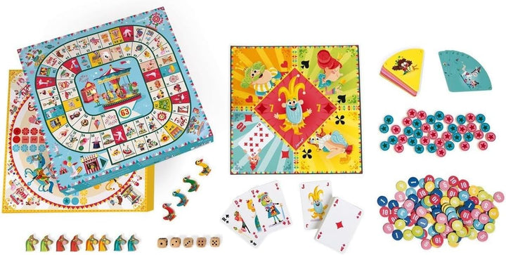 Janod - Carrousel Multi-Games Box Set - Classic Family Games - Draughts game, Ludo, Yellow Dwarf, 7