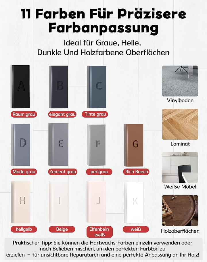 Vinylboden Reparaturset Grau mit 11 Farben Hartwachs und Wachsschmelzer | Laminat Reparaturset Parke