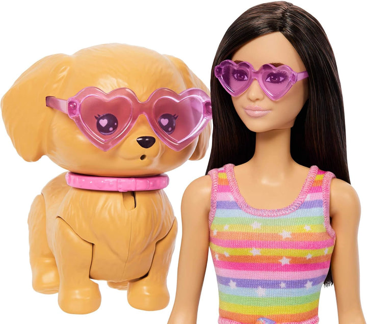 Barbie Brünette „Pets Skate and Run Puppe mit Rollschuh-Hündchen, Leine, passenden Rollschuhen, Sonn
