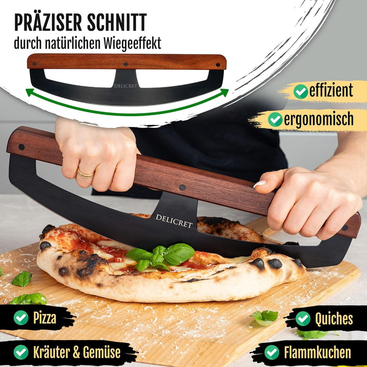 DELICRET "Black Line"- Pizza Wiegemesser | Pizzaschneider mit Akazienholtgriff & scharfer Edelstahlk