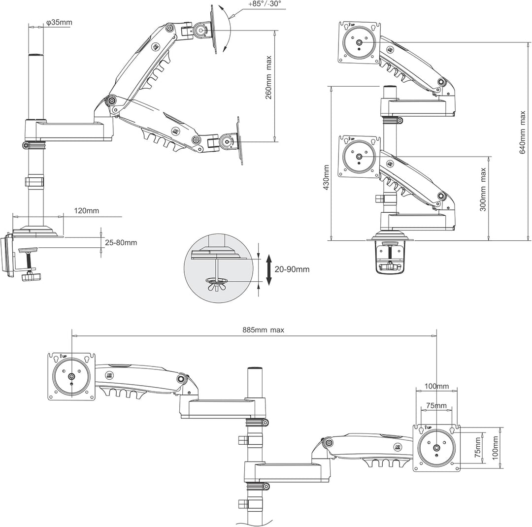 Ergosolid Tischhalterung with Gasfeder for Dual 17-35 Zoll LCD LED Monitore with VESA max. 100 x 100