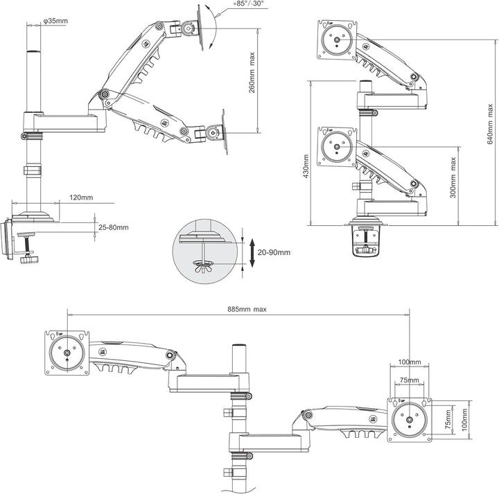 Ergosolid Tischhalterung with Gasfeder for Dual 17-35 Zoll LCD LED Monitore with VESA max. 100 x 100