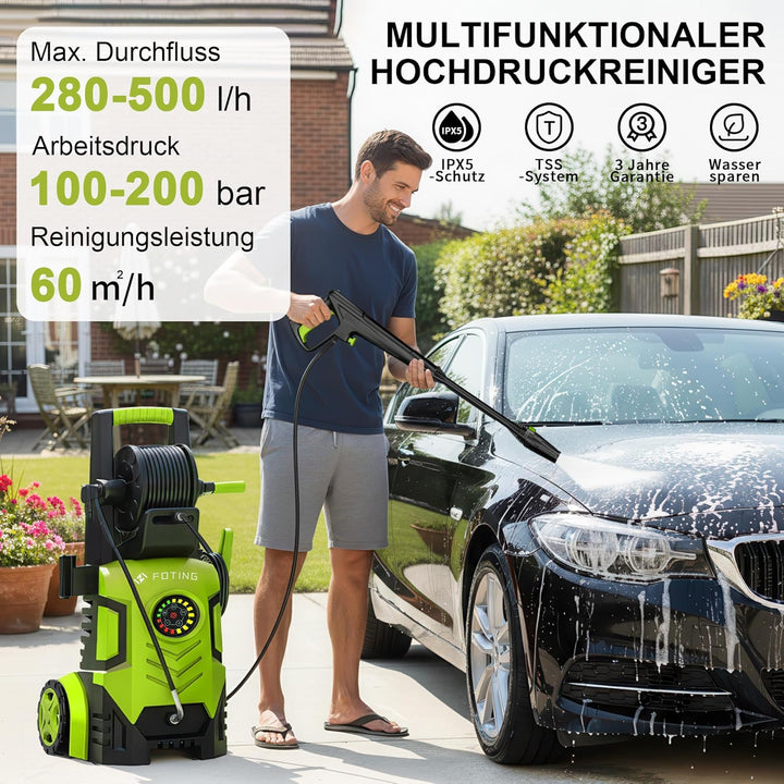 Hochdruckreiniger 200 Bar, Touchscreen 8-stufiger, 6-in-1-Düse, Druck: 100-200bar, Fördermenge: 280-