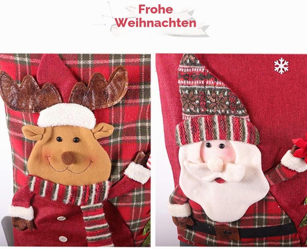 LAMF Weihnachtsstuhlhussen-Set, 6 Stück, 3D-Stuhlhussen mit Weihnachtsmann, Schneemann, Elch, Weihna