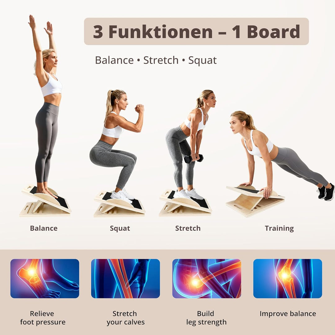 Schrägbrett Holz – Verstellbares Balance Board mit 5 Winkeln (0°–45°) | Waden-Dehner & Stretch Board