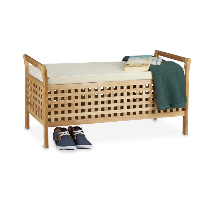 Relaxdays Sitzbank Walnuss mit Stauraum HBT: 46,5 x 92,6 x 49,0 cm Schuhtruhe aus Holz Sitzkommode m