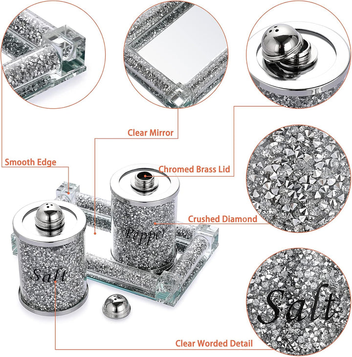 BTSKY Set mit 3 Salz- und Pfefferstreuern mit Tablett – Glaskristall zerkleinerte Diamanten Salz &amp; P