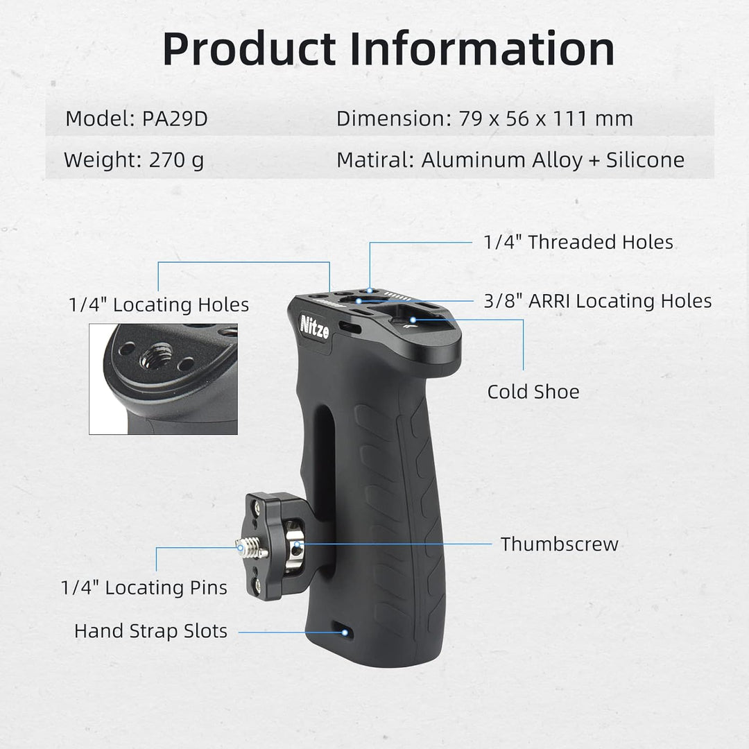 Nitze Ergonomic Side Handle with 1/4” Screw and Detachable Locating Pins, Seitengriff for Left or Ri