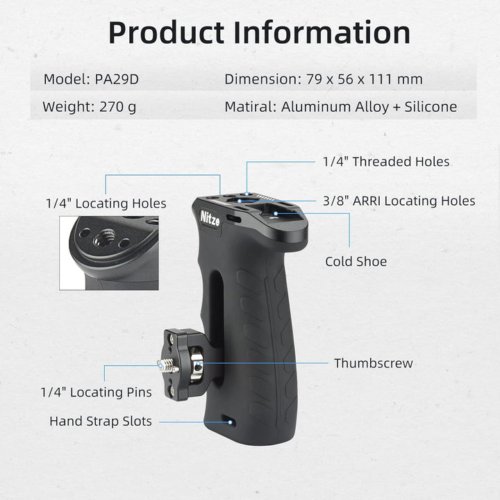 Nitze Ergonomic Side Handle with 1/4” Screw and Detachable Locating Pins, Seitengriff for Left or Ri