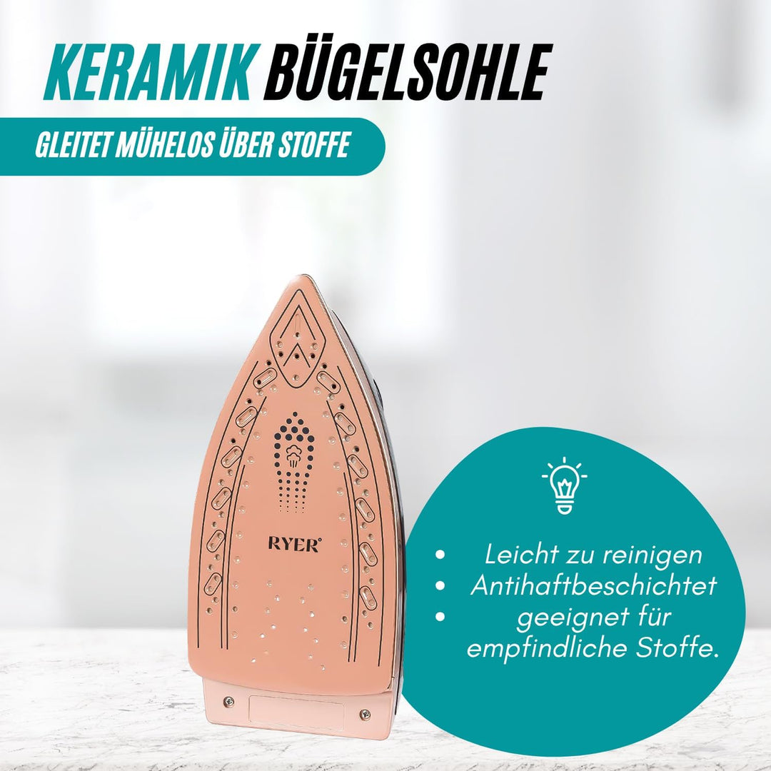 RYER Dampfbügeleisen mit Dampfstation – Keramiksohle, 375 g/min Steam-Jet, 1,2 L Wassertank, Anti-Tr