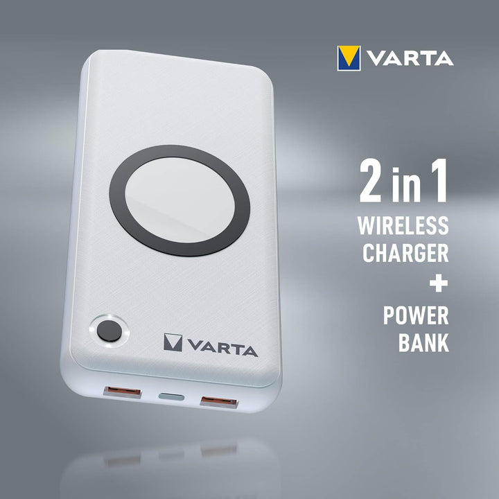 VARTA 2 in 1 Power Bank und Wireless Charger, kabelloses Ladegerät, Powerbank 20000mAh, LED Ladestan