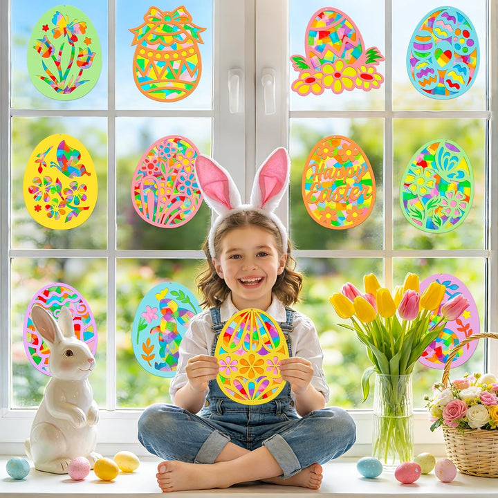 Ostern Basteln Kinder,12 Stück Fensterbilder Ostern,Osterdeko Bastelset Kinder 4 jahre,Bunte Osterei
